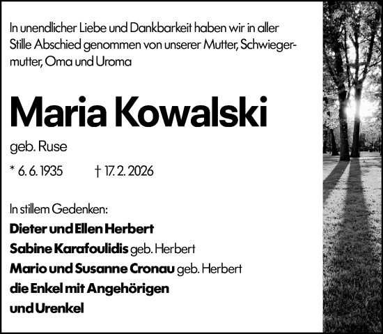 Traueranzeige von Maria Kowalski von Wetzlarer Neue Zeitung