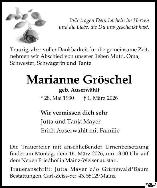 Traueranzeige von Marianne Gröschel von Allgemeine Zeitung Mainz