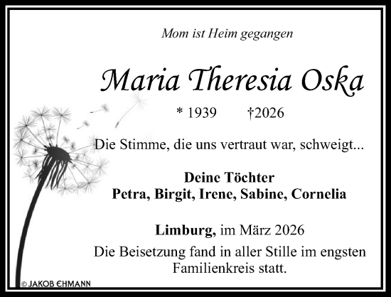 Traueranzeige von Maria Theresia Oska von Nassauische Neue Presse