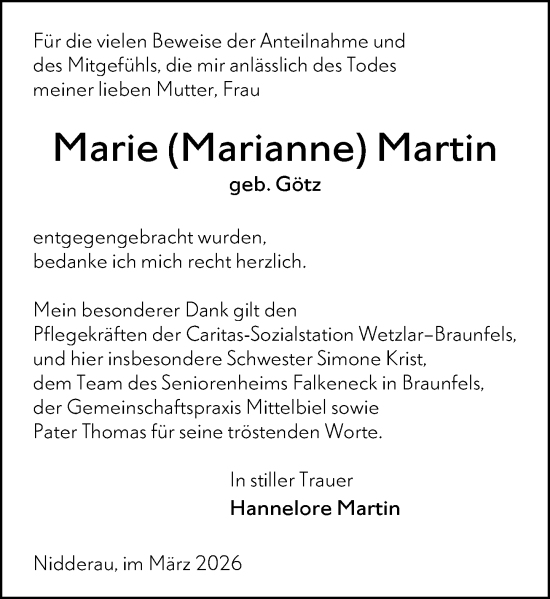 Traueranzeige von Marie   Martin von Wetzlarer Neue Zeitung