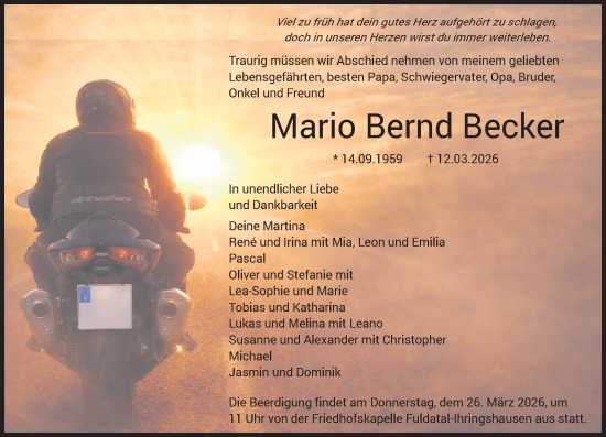Traueranzeige von Mario Bernd Becker von Allgemeine Zeitung Alzey