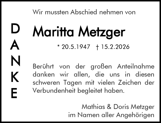 Traueranzeige von Maritta Metzger von Darmstädter Echo