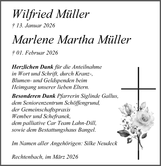 Traueranzeige von Marlene Martha Müller von Wetzlarer Neue Zeitung