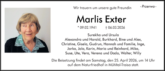 Traueranzeige von Marlis Exter von Darmstädter Echo