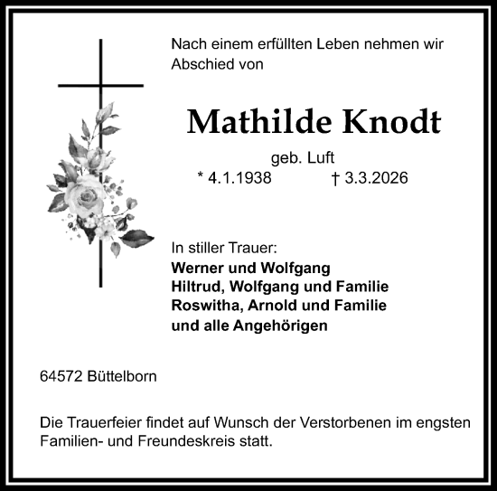 Traueranzeige von Mathilde Knodt von Groß-Gerauer Echo