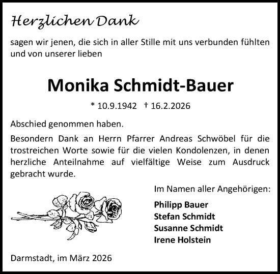 Traueranzeige von Monika Schmidt-Bauer von Darmstädter Echo