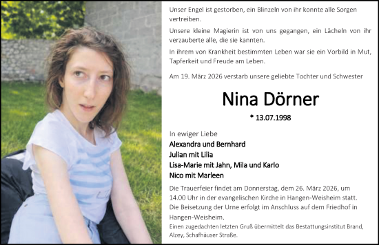 Traueranzeige von Nina Dörner von Allgemeine Zeitung Alzey