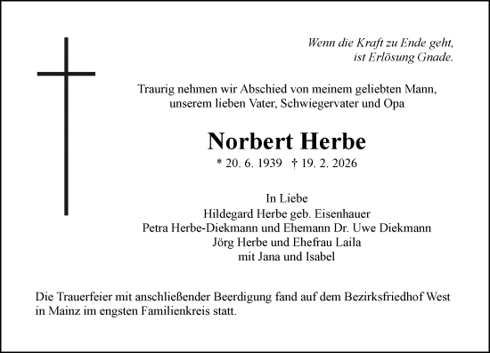 Traueranzeige von Norbert Herbe von Allgemeine Zeitung Mainz