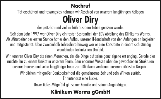 Traueranzeige von Oliver Diry von Wormser Zeitung