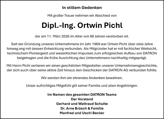 Traueranzeige von Ortwin Pichl von Darmstädter Echo