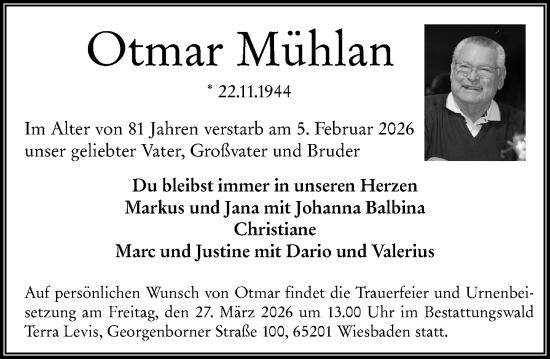 Traueranzeige von Otmar Mühlan von Wiesbadener Kurier