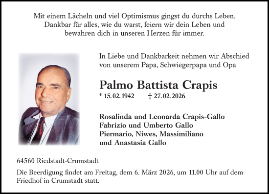 Traueranzeige von Palmo Battista Crapis von Groß-Gerauer Echo