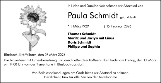 Traueranzeige von Paula Schmidt von Wetzlarer Neue Zeitung