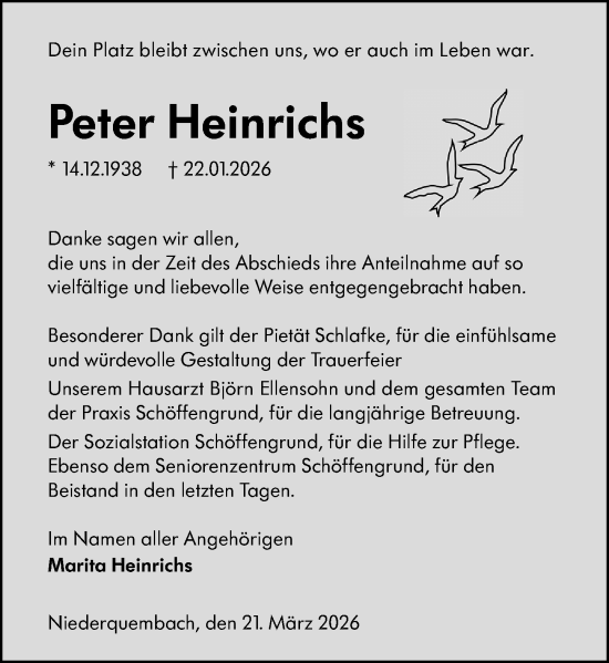 Traueranzeige von Peter Heinrichs von Wetzlarer Neue Zeitung