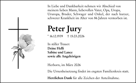 Traueranzeige von Peter Jury von Dill Block