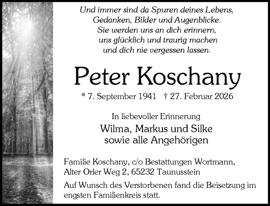 Traueranzeige von Peter Koschany von Rheingau-Taunus-Kreis Wochenblatt