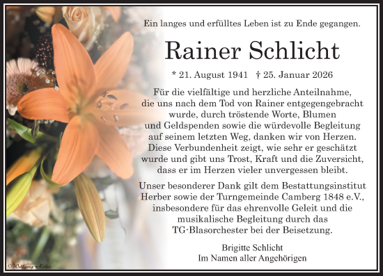 Traueranzeige von Rainer Schlicht von Camberger Anzeiger