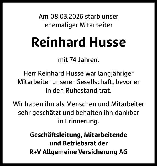 Traueranzeige von Reinhard Husse von Wiesbadener Kurier