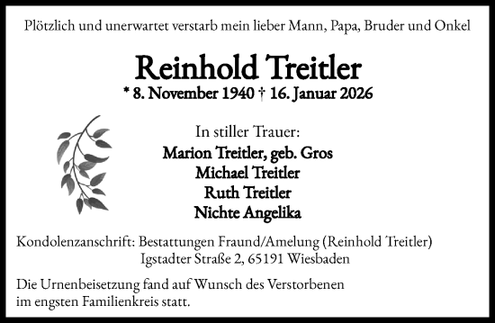 Traueranzeige von Reinhold Treitler von Wiesbadener Kurier
