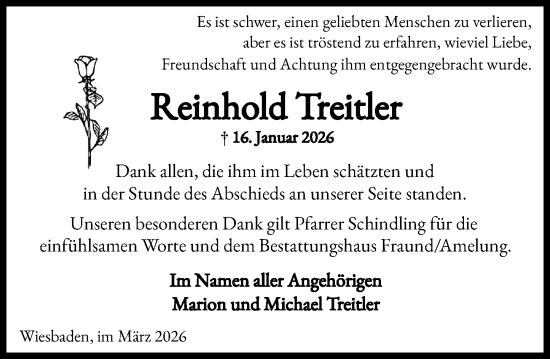Traueranzeige von Reinhold Treitler von Wiesbadener Kurier