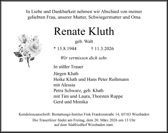 Traueranzeige von Renate Kluth von Wiesbadener Kurier