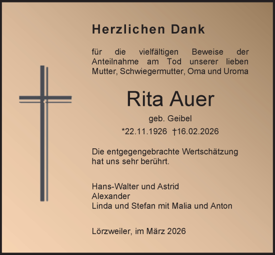 Traueranzeige von Rita Auer von Allgemeine Zeitung Alzey