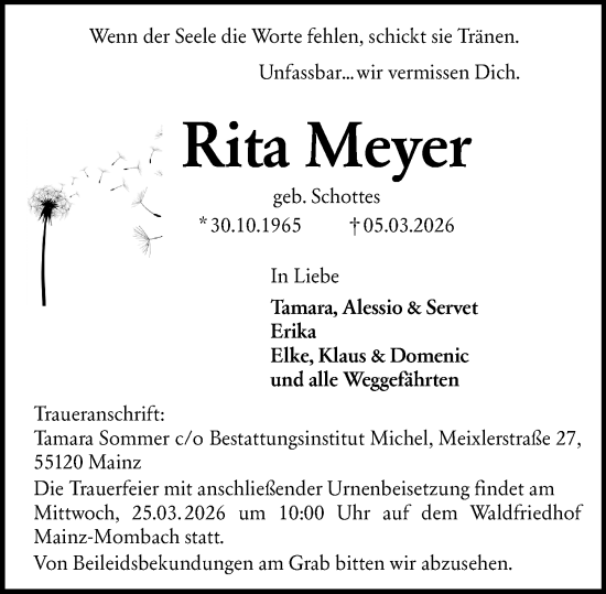 Traueranzeige von Rita Meyer von Allgemeine Zeitung Mainz