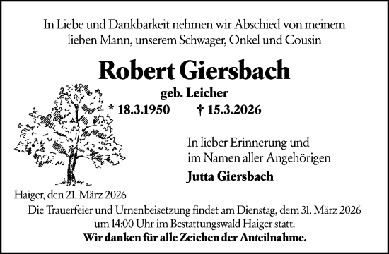 Traueranzeige von Robert Giersbach von Dill Block