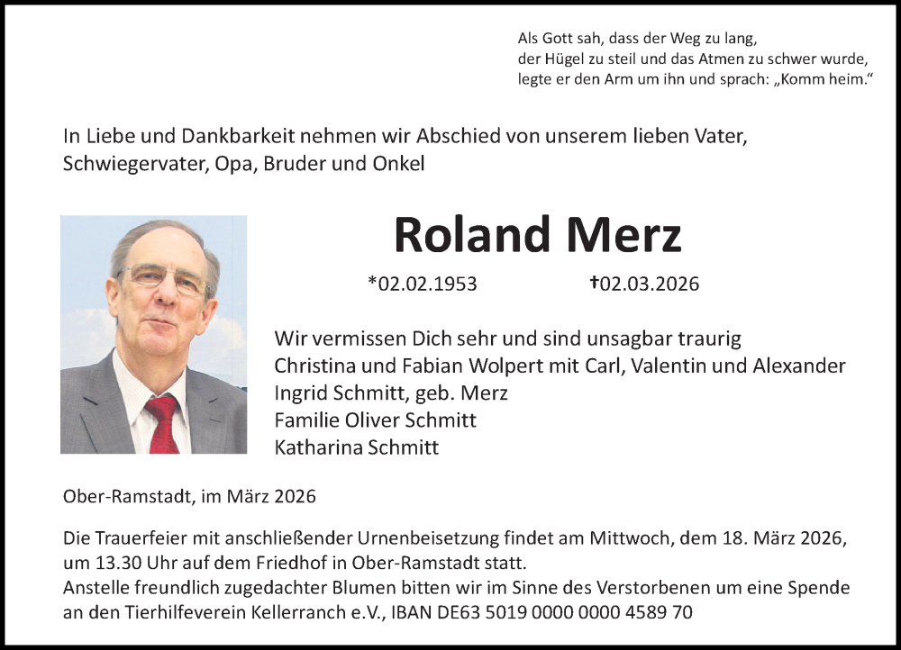  Traueranzeige für Roland Merz vom 07.03.2026 aus Darmstädter Echo