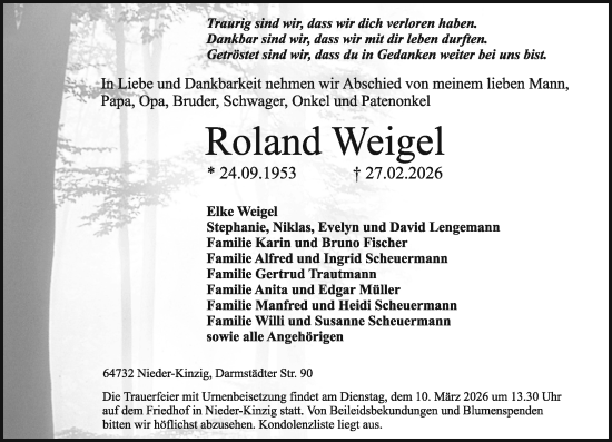 Traueranzeige von Roland Weigel von Odenwälder Echo
