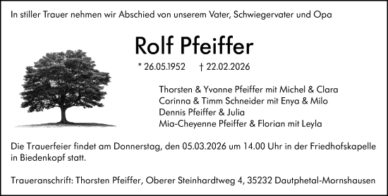 Traueranzeige von Rolf Pfeiffer von Hinterländer Anzeiger