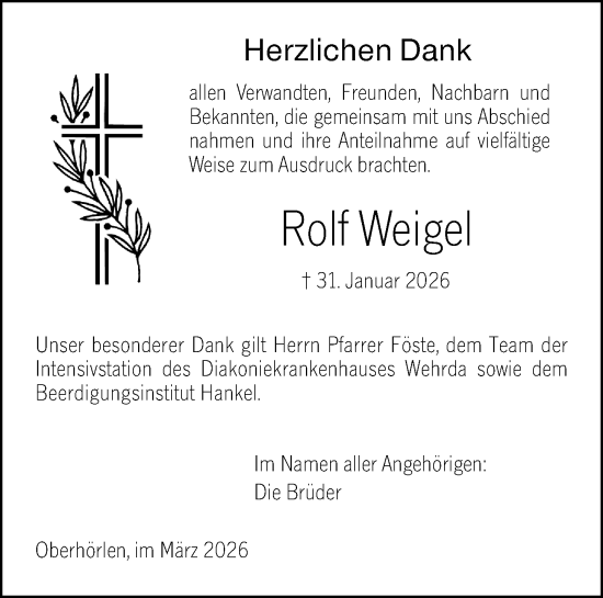 Traueranzeige von Rolf Weigel von Hinterländer Anzeiger