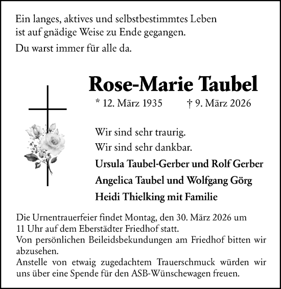 Traueranzeige von Rose-Marie Taubel von Darmstädter Echo
