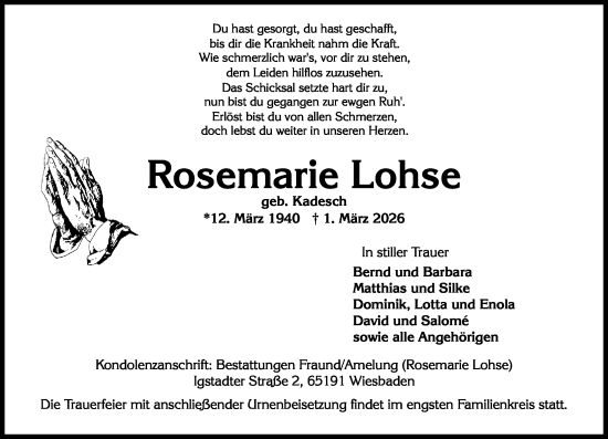 Traueranzeige von Rosemarie Lohse von Wiesbadener Kurier