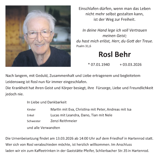 Traueranzeige von Rosl Behr von Hinterländer Anzeiger