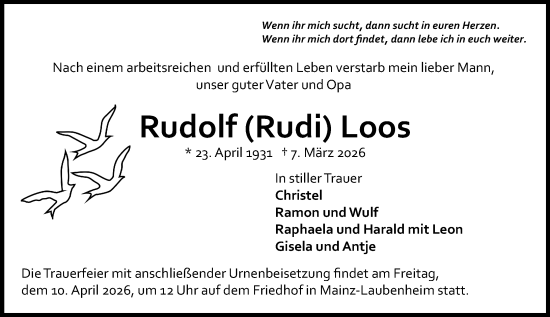 Traueranzeige von Rudolf Loos von Allgemeine Zeitung Mainz