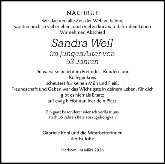 Traueranzeige von Sandra Weil von Dill Block