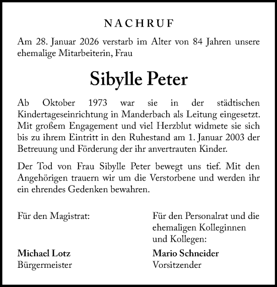 Traueranzeige von Sibylle Peter von Dill Block