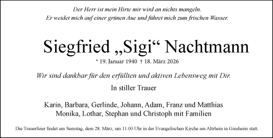 Traueranzeige von Siegfried Nachtmann von Allgemeine Zeitung Mainz