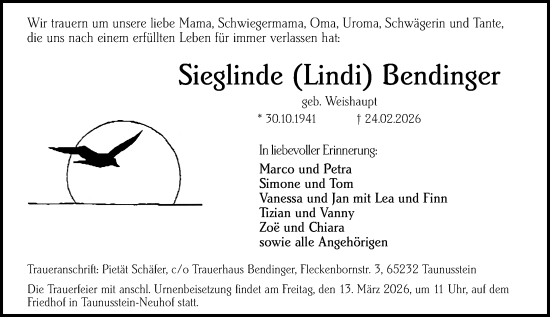 Traueranzeige von Sieglinde Bendinger von Idsteiner Land/Untertaunus