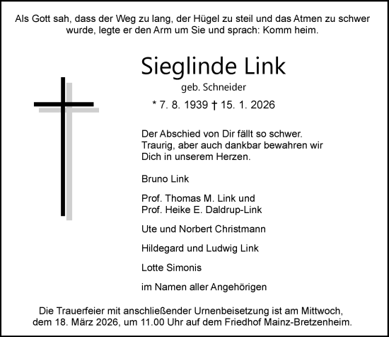 Traueranzeige von Sieglinde Link von Allgemeine Zeitung Mainz