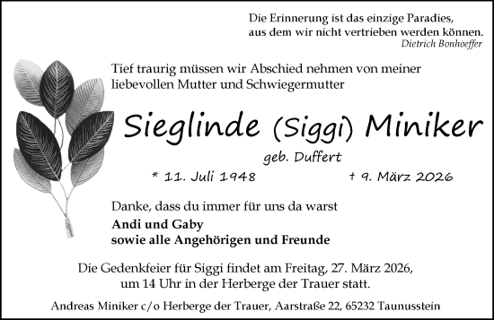 Traueranzeige von Sieglinde Miniker von Idsteiner Land/Untertaunus