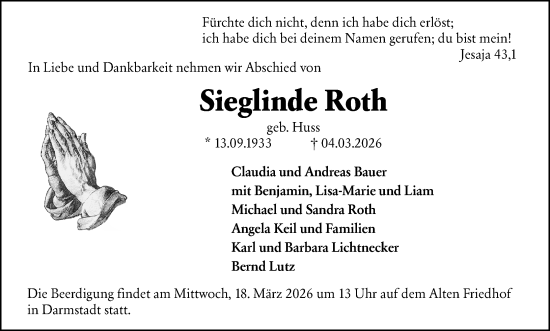 Traueranzeige von Sieglinde Roth von Darmstädter Echo