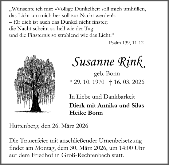 Traueranzeige von Susanne Rink von Wetzlarer Neue Zeitung