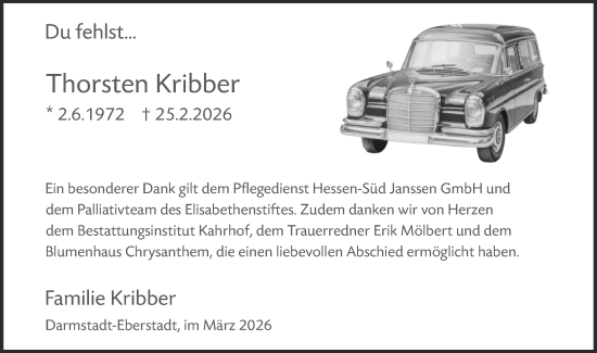Traueranzeige von Thorsten Kribber von Darmstädter Echo