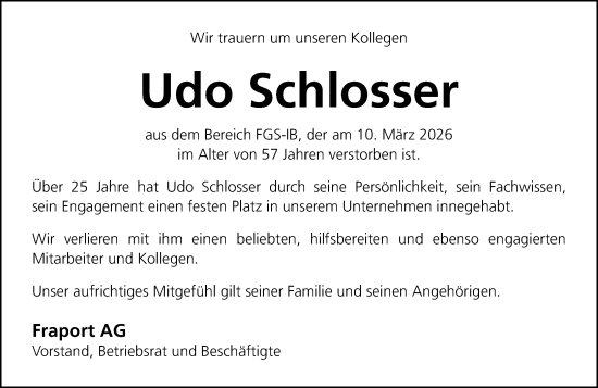 Traueranzeige von Udo Schlosser von Darmstädter Echo