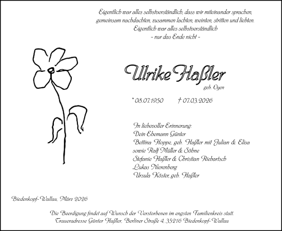 Traueranzeige von Ulrike Haßler von Hinterländer Anzeiger