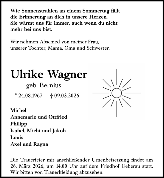 Traueranzeige von Ulrike Wagner von Darmstädter Echo
