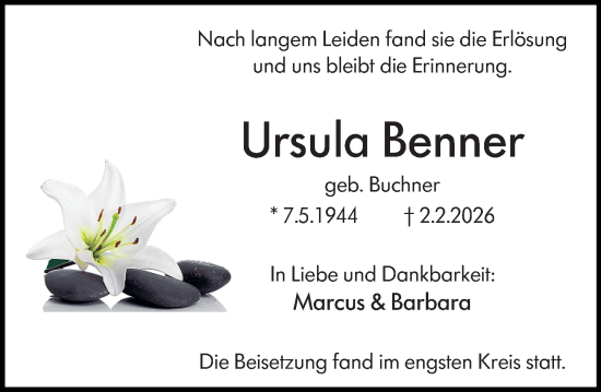 Traueranzeige von Ursula Benner von Wiesbadener Kurier