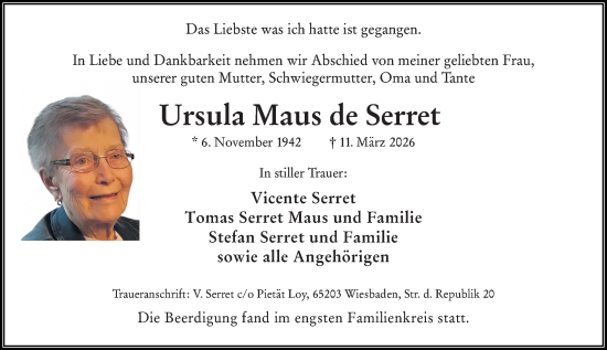 Traueranzeige von Ursula Maus de Serret von Wiesbadener Kurier